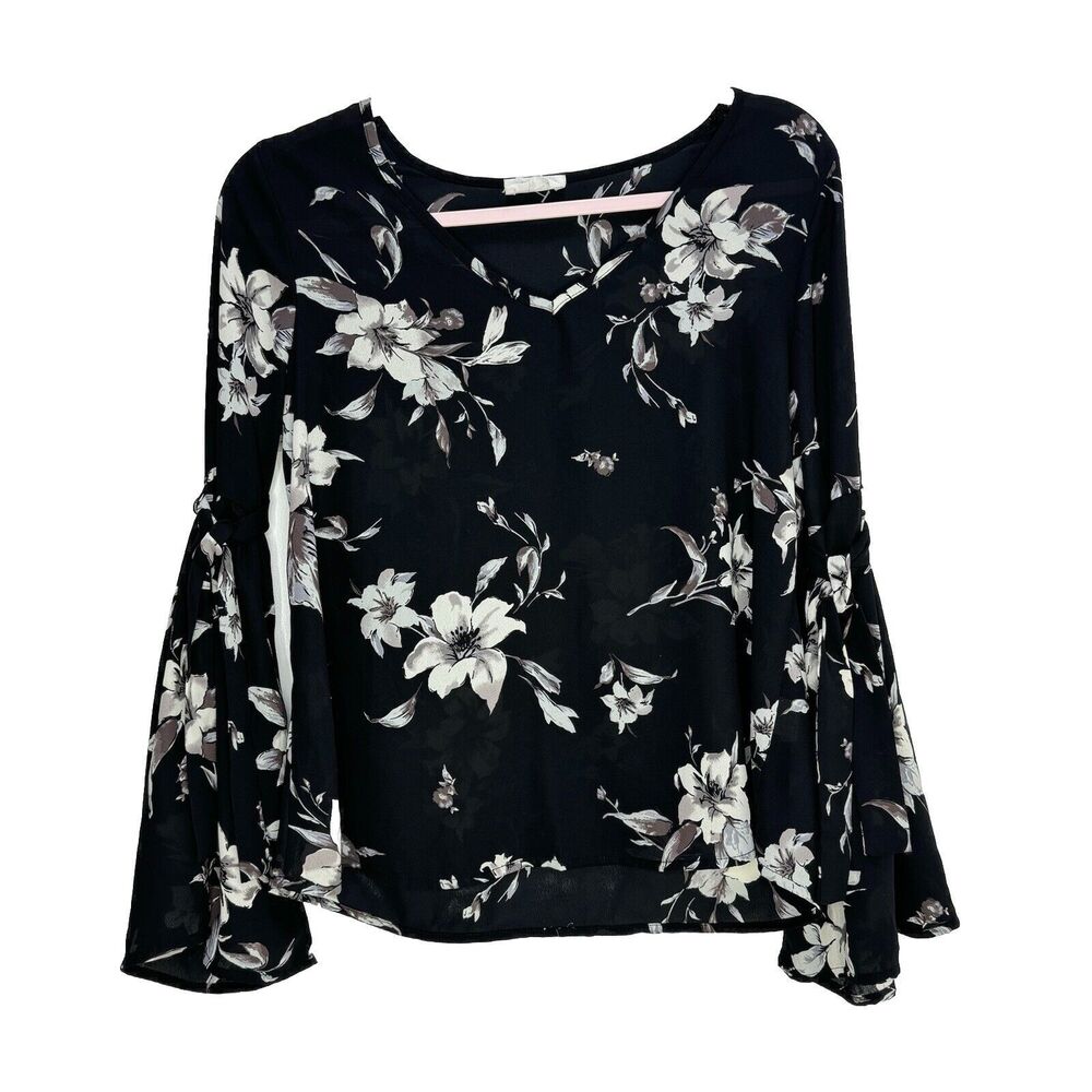 Sienna Sky Top White Black Floral Long Sleeve V-Neck Tie Flare Sleeves S